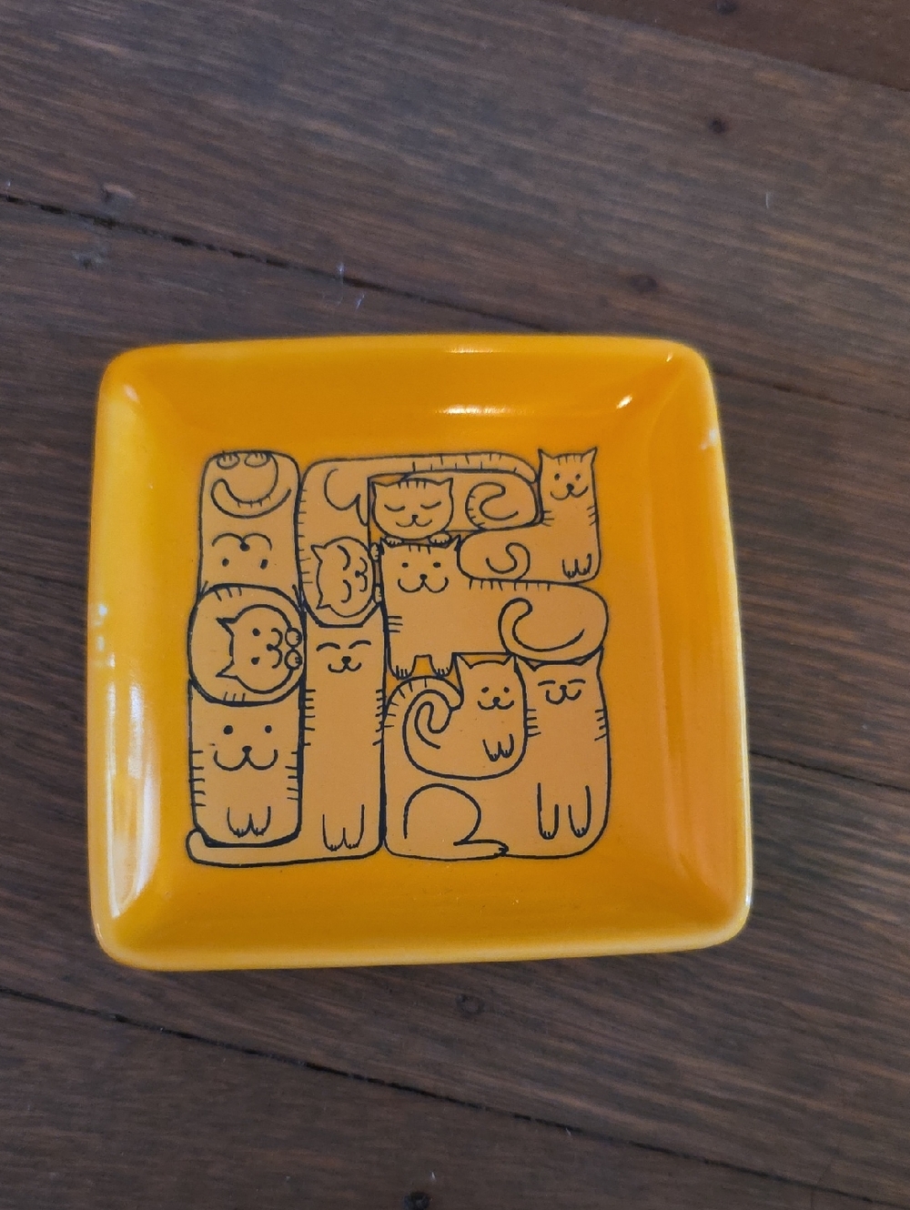 Cat Trinket Dish : Yellow Ceramic- Cute Stacked Cat Design. 3x3" By Cat Lady